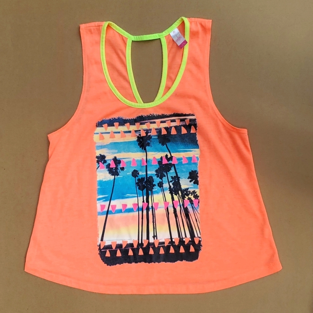 Neon coral tank top with beach scene, No Boundaries size L